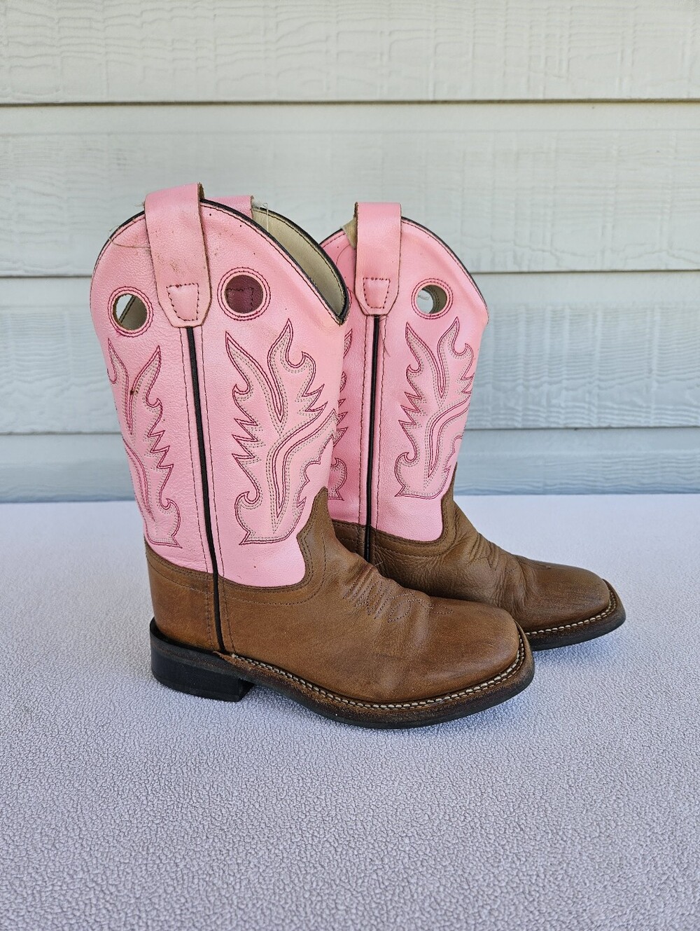 Old West Western Square Toe Leather Boot Girl SZ 12 Pink Brown Rodeo Cowgirl
